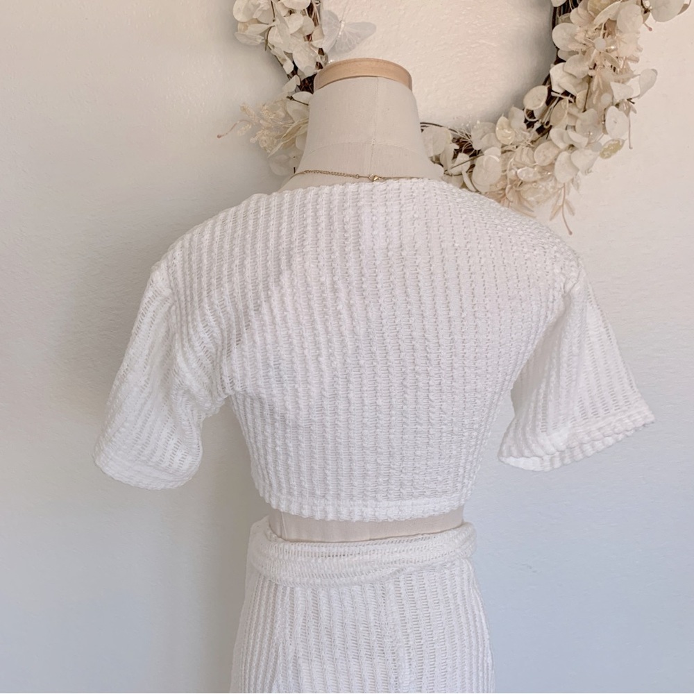 ☁️ SABO Florence White Ribbed Knit Knot Front Wrap Top Wrap Maxi Skirt Set - Picture 10 of 16